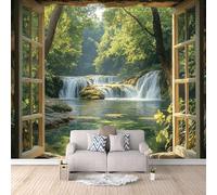 Carta da Parati Murale Lago Con Cascata Nella Foresta 300x210 cm Fotomurali Effetto 3D, Fuori Dalla Finestra Decorazione Poster Arte Murale Moderna per Casa Ufficio Camera Da Letto Soggiorno.