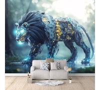 Carta da Parati Murale Leone Meccanico 400x280 cm Fotomurali Effetto 3D, Cyberpunk Decorazione Poster Arte Murale Moderna per Casa Ufficio Camera Da Letto Soggiorno.