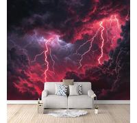 Carta da Parati Murale Nuvole Scure Fulmini Rossi 300x210 cm Fotomurali Effetto 3D, Paesaggio Naturale Decorazione Poster Arte Murale Moderna per Casa Ufficio Camera Da Letto Soggiorno.