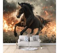 Carta da Parati Murale Running Dark Horse 200x140 cm Fotomurali Effetto 3D, Fiamme Di Guerra Decorazione Poster Arte Murale Moderna per Casa Ufficio Camera Da Letto Soggiorno.