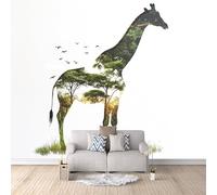 Carta da Parati Murale Sagoma Di Giraffa 200x140 cm Fotomurali Effetto 3D, Alba Nella Foresta Decorazione Poster Arte Murale Moderna per Casa Ufficio Camera Da Letto Soggiorno.