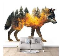 Carta da Parati Murale Sagoma Di Lupo 400x280 cm Fotomurali Effetto 3D, Alba Nella Foresta Decorazione Poster Arte Murale Moderna per Casa Ufficio Camera Da Letto Soggiorno.