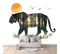 Carta da Parati Murale Sagoma Di Tigre 400x280 cm Fotomurali Effetto 3D, Alba Nella Foresta Decorazione Poster Arte Murale Moderna per Casa Ufficio Camera Da Letto Soggiorno.