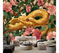 Carta da parati murale Serpenti Dorati Tra Piante E Fiori 250 x 175 cm Murale da parete artistico e decorativo per soggiorno e camera da letto, carta da parati panoramica tessuto non tessuto, Colore