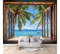 Carta da Parati Murale Spiaggia Cocchi Mare 400x280 cm Fotomurali Effetto 3D, Paesaggio Fuori Dalla Finestra Decorazione Poster Arte Murale Moderna per Casa Ufficio Camera Da Letto Soggiorno.