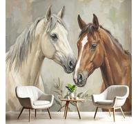 Carta Da Parati Murale Stile di pittura a olio realistico, Per Camera Da Letto, Decorazione Domestica, 250x175cm Murale Teste di cavallo una di fronte all'altra Decorazione Poster Da Parete, Beige