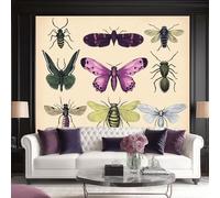 Carta da Parati Murale Stile Retrò Farfalle Libellule Bruchi 300 x 210 cm, Fotomurale in Tessuto Non Tessuto, Murale da Parete Decorazione da Parete Moderna