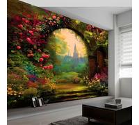 Carta da Parati Murale Tema Romantico Fiori Città 250 x 175 cm in TNT, Stile Fantasy - Fotomurale XXL Poster Gigante Design per Salotto Camera da Ietto Ufficio Corridoio Decorazione Murali