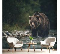 Carta Da Parati Murales Marrone Orso Bruno Di Fiume Astratta Fotomurali 3D 350X260Cm,Animali Selvatici Effetto Quadri Murali Murale Decorazione Parete Soggiorno Camera Da Letto