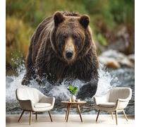Carta Da Parati Murales Marrone Orso Bruno Di Fiume Astratta Fotomurali 3D 450X300Cm,Animali Di Campo Effetto Quadri Murali Murale Decorazione Parete Soggiorno Camera Da Letto