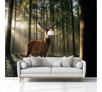 Carta Da Parati Murals Animali Foresta Cervi 300 x 210 cm Tessuto Non Tessuto Carta da Parati, Verde Moderno Murale Fotomurali, per Camere da Letto Soggiorno Sfondo Televisivo