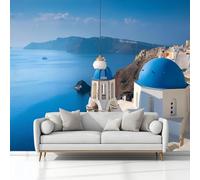 Carta Da Parati Murals Fotografia Edifici A Cupola Di Santorini 350 x 256 cm Tessuto Non Tessuto Carta da Parati, Blu Moderno Murale Fotomurali, per Camere da Letto Soggiorno Sfondo Televisivo