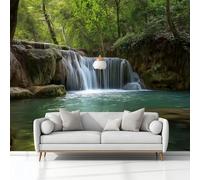 Carta Da Parati Murals Paesaggio Naturale Foresta Cascata Ruscello 300 x 210 cm Tessuto Non Tessuto Carta da Parati, Verde Moderno Murale Fotomurali, per Camere da Letto Soggiorno Sfondo Televisivo