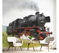 Carta Da Parati Nero Rosso Locomotiva A Vapore Effetto 3D 250X170Cm Fotomurale Cucina Murales Xxl Poster Gigante Casa Trasporto Di Pascoli Per Soggiorno Camera Da Letto Corridoio Sala Da Pranzo