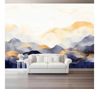 Carta da Parati Non Tessuta 150 x 105 cm, Astratto Colline Linee Acquerellate Stampa Carta da Parati per Decorazione Murale - Blu Beige Mural per Pareti Della Camera da Letto Soggiorno