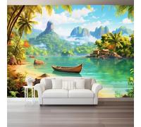 Carta da Parati Non Tessuta 200 x 140 cm, Isola Tropicale Mare Verde Stampa Carta da Parati per Decorazione Murale - Verde Smeraldo Mural per Pareti Della Camera da Letto Soggiorno
