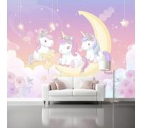 Carta da parati non tessuta 250 x 175 cm Stile Cartone Animato Carino Poster gigante da parete, Motivo Unicorno E Luna per la decorazione della parete della camera da letto del soggiorno, Rosa Chiaro