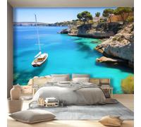 Carta da parati non tessuta 300 x 210 cm Isola Moderna Piccola Barca Poster gigante da parete - per la decorazione della parete della camera da letto del soggiorno, Blu-Verde