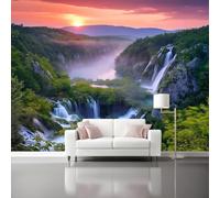 Carta da parati non tessuta 350 x 256 cm Stile Naturale Poster gigante da parete, Modello Di Cascata All'Alba per la decorazione della parete della camera da letto del soggiorno, Giallo-Arancio