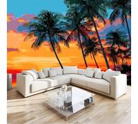 Carta da parati non tessuta Natura 200 x 140 cm, con Motivo Spiaggia Tramonto Palme, Rosso Carta da Parati per Arredamento di Bagno Soggiorno Cucina e Camera da Letto
