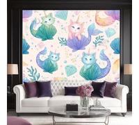 Carta da parati non tessuto Fantasy Coda di sirena Conchiglie Gatti Decorazione murale stampata 400 x 280 cm Immagini murali per poster Foto arazzo decorativo Soggiorno Bagno Camera da letto Colorato