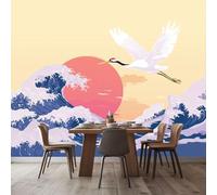 Carta da parati non tessuto Stile giapponese Onde Gru Sole Decorazione murale stampata in 3D 400 x 280 cm Immagini murali per poster Foto arazzo decorativo Soggiorno Bagno Camera da letto Colorato