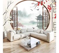 Carta da parati Padiglioni cinesi viste dalle finestre Fotomurali in TNT Murale alla Moda Decorazione da Muro Panoramico Poster Design Carta per pareti 350 x 256 cm Fotomurale Ornamento