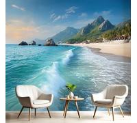 Carta Da Parati Paesaggio Delle Vacanze Estive Carta Da Parete 350×256Cm Montagne Spiagge Murales Decorativi Azzurro Cielo Panno Di Seta, Adatto Per Soggiorno E Camera Letto