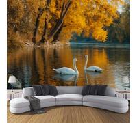 Carta da parati Paesaggio Naturale 200×140cm Arancia Foto Murali in seta alla moda Decorazione da Muro XXL Poster Gigante Cigni E Alberi Nel Fiume Design Carta per pareti
