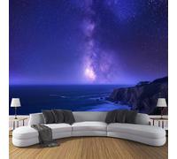 Carta da parati Paesaggio Notturno 350×256cm Blu Viola Foto Murali in seta alla moda Decorazione da Muro XXL Poster Gigante Cielo Stellato In Riva Al Mare Design Carta per pareti