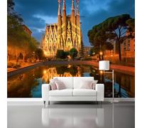 Carta Da Parati Paesaggio Notturno Architettonico Oro Chiesa Riflesso 3D Fotomurale - Design Moderno In Tessuto Non Tessuto Per Soggiorno Camera Da Letto Cucina - Murale 250 X 175 Cm