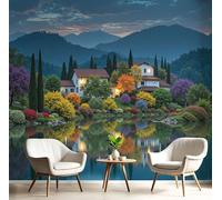 Carta da Parati Panoramica 200Lx140A cm Decorazione Rivestimento Murale, Decorativo per Camera da Letto Soggiorno, Design Fotografia Di Tramonto Lago Europa Skyline, Blu scuro