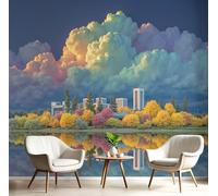 Carta da Parati Panoramica 200Lx140A cm Decorazione Rivestimento Murale, Decorativo per Camera da Letto Soggiorno, Design Fotografia Di Estate Lago Città Riflessioni, Colorato