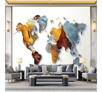 Carta da Parati Panoramica 350 x 256 cm (L x A), Tessuto non Tessuto Murale Minimalismo Metallico Mondo Mappa - per Soggiorno Camera dei Bambini e Crema Decorazione da Parete
