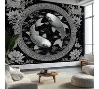 Carta da parati panoramica 3D cinese piatto rotondo fiori pesce koi, carta da parati in tessuto non tessuto, sfondo nero, per camera da letto, soggiorno, TV, artistico, XXL, poster decorazione da