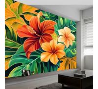 Carta da parati panoramica 3D tropico fiori foglie, carta da parati murale realismo per soggiorno camera da letto cameretta - Decorazione murale fotografica 400L x 280A cm