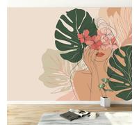 Carta da parati panoramica 3D tropico piante foglie floreale ragazza, carta da parati murale bohémien per soggiorno camera da letto cameretta - Decorazione murale fotografica 200L x 140A cm