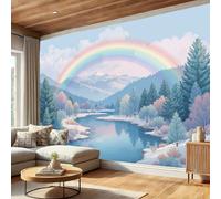 Carta da Parati Panoramica 400Lx280A cm Decorazione Rivestimento Murale, Decorativo per Camera da Letto Soggiorno, Design Fotografia Di Cartone Animato Sul Fiume Paesaggio Arcobaleno, Azzurro cielo