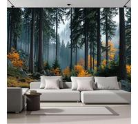 Carta da Parati Panoramica 400Lx280A cm Decorazione Rivestimento Murale, Decorativo per Camera da Letto Soggiorno, Design Fotografia Di Paesaggio Nella Nebbia Autunnale Foresta, Arancione-Verde