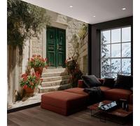 Carta da parati panoramica architettura muro di pietra fiori, foto murale moderna 350L x 256A cm - Carta da parati decorazione casa fotografia naturalistica per soggiorno camera dei bambini ufficio