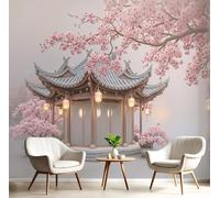 Carta da parati panoramica Architettura Tradizionale Cinese 3d seta,250×175cm - Carta da parati Antichi Padiglioni Design Dei Fiori Ciliegio - Rosa grandi murali poster per soggiorno,camera da letto