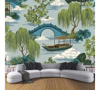 Carta da parati panoramica Arte Cinese in 3d seta, 350×256cm Carta da parati Ponte Per Barche Willow Tree grandi murali Poster per soggiorno, camera da letto per bambini, studio,Grigio Blu