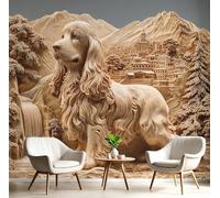 Carta da Parati Panoramica Arte Dell'Intaglio Del Legno 200L × 140A cm Carta da Parati Fotografica in Seta 3D Cocker Spaniel Motivo Paesaggio Montano Poster Gigante Murale
