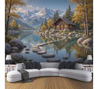 Carta da Parati Panoramica Baita Sul Lago Autunnale, Fotomurali in Seta Valle Montagna Innevata XXL Poster Gigante Decorazione da Parete per Soggiorno, Camera, Ristorante, Giallo Dorato, 300x210cm