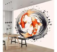 Carta da parati panoramica Beige Pesce Koi 3d 350 x 256 cm - Carta da parati Simbolo Yin-Yang - grandi murali poster per soggiorno, camera da letto, adulto e studio