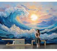 Carta Da Parati Panoramica Blu 350 x 256 cm - Murales Stile Pittura Ad Olio tessuto non tessuto, Decor Carta da Parati Onde Alba, per Soggiorno Cucina Corridoio Muro Di Sfondo