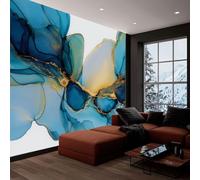 Carta da parati panoramica blu oro acquerello marmo, foto murale moderna 300L x 210A cm - Carta da parati decorazione casa arte astratta per soggiorno camera dei bambini ufficio