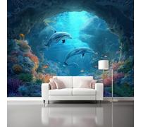 Carta da Parati Panoramica, Cartone Animato Mondo Sottomarino Pesce Murale Artistica Fotomurali - Blu Scuro Carta da Parati per Soggiorno Ufficio TV Sfondo al Chiuso Decorazione 200 x 140 cm