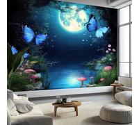 Carta da parati panoramica con fiori di farfalla, cielo notturno da sogno, poster murale scuro blu, poster da parete per soggiorno, camera dei bambini o ristorante, 200 x 140 cm (L x A) decorazione