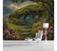 Carta da Parati Panoramica Cottage Con Tetto Di Paglia In Nuova Zelanda 200x140cm Murale in Seta Giardino Verde Poster Murale Giganti Decorazione da Muro per Soggiorno Corridoio Ufficio, Verde